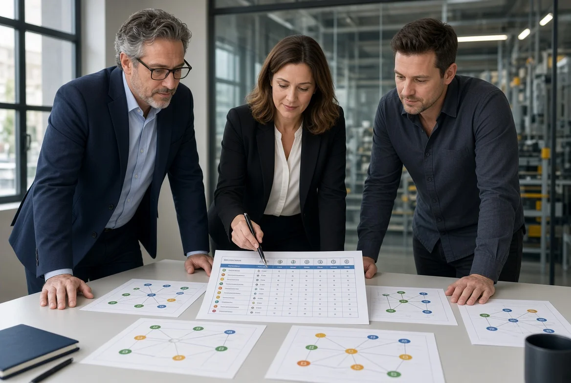 A procurement manager and cross-functional team review a structured procurement strategy framework connecting business objectives, spend categories, supplier decisions, cost, quality, delivery, risk, and performance in an industrial office.