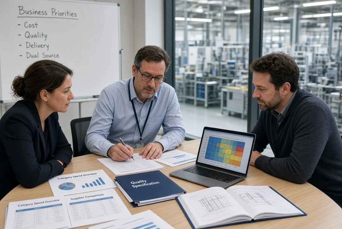 Procurement managers in a factory office review category spend charts, supplier comparison sheets, and quality requirements while setting sourcing priorities.