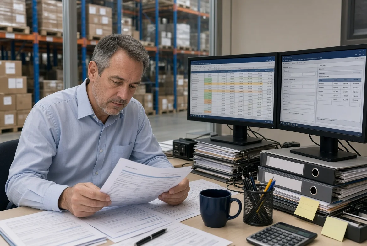A manufacturing buyer compares a purchase requisition, RFQ documents, a supplier quotation, and a purchase order on dual monitors beside a warehouse.