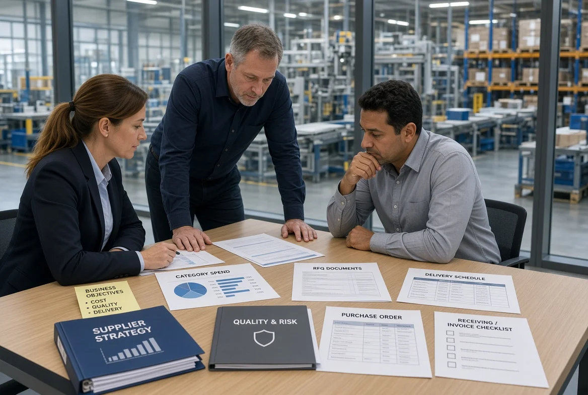 A B2B procurement team reviews business objectives, supplier strategy, category priorities, RFQ documents, purchase orders, and delivery records in a factory planning room.