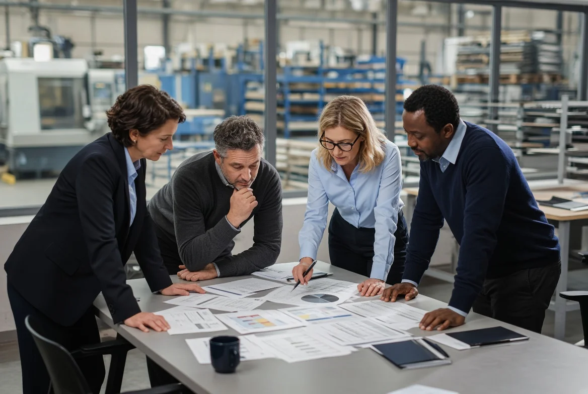 Procurement managers in a factory meeting room reviewing supplier category plans, cost reports, quality records, and risk information as part of a broader procurement strategy.
