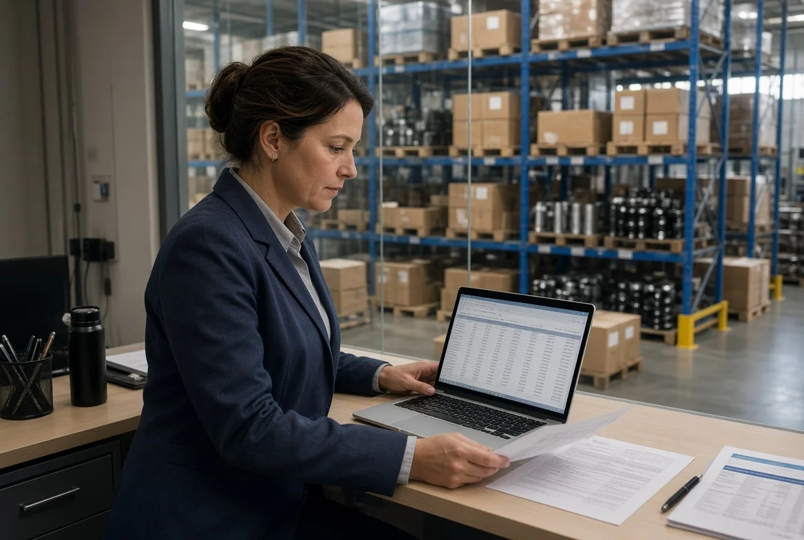 Purchasing buyer in a warehouse office checking an order schedule, inventory record, and supplier quotation while pallets and racking are visible in the background.