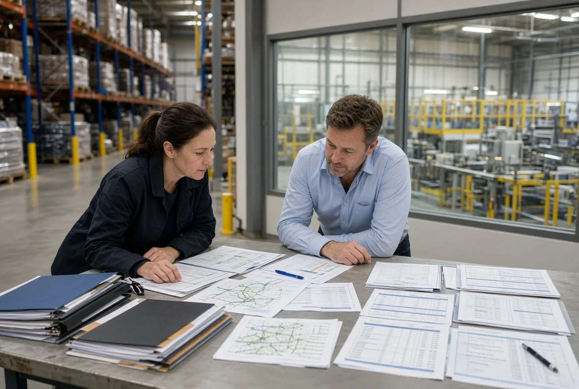 Factory planning table showing category strategy documents beside purchase-order release lists, production calendars, and inventory counts.