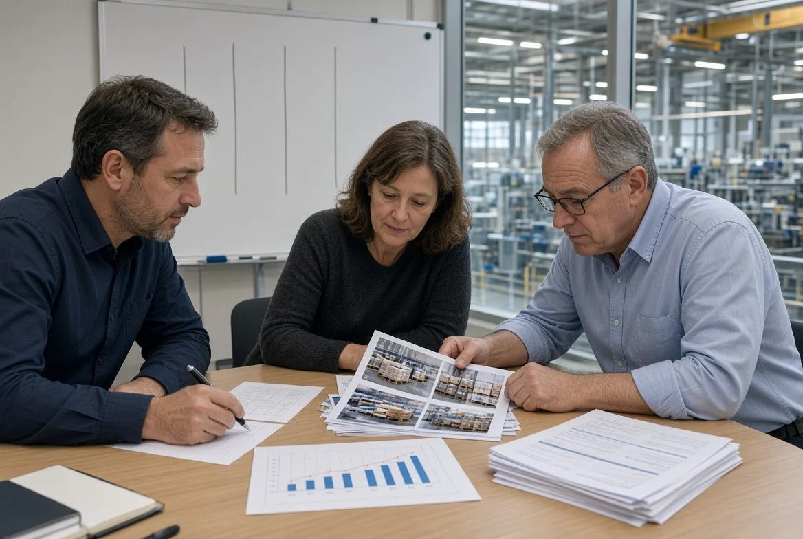 Procurement, purchasing, and operations colleagues reviewing supplier performance, inventory, and purchase-order results in a manufacturing plant meeting room.