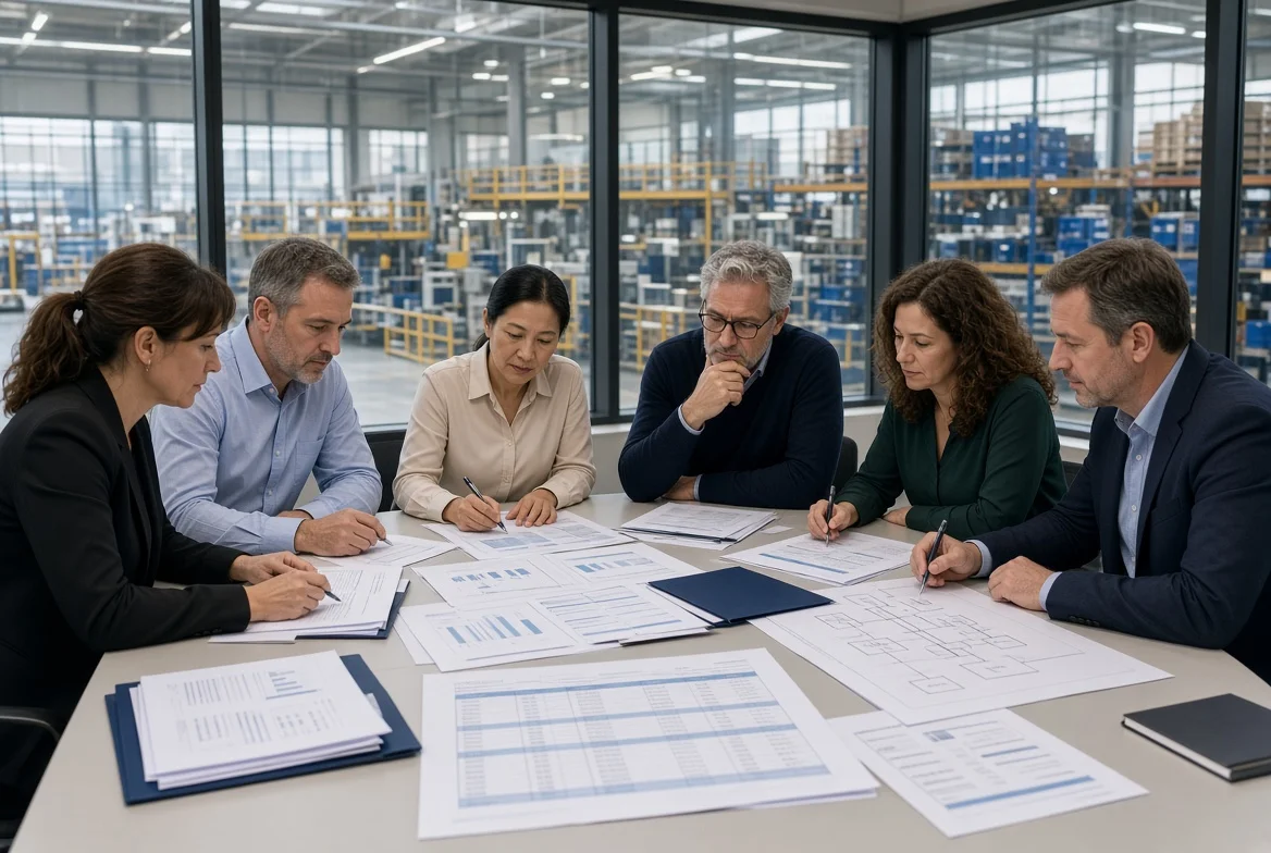B2B procurement and purchasing professionals in a manufacturing planning room reviewing supplier strategy, category priorities, cost and quality information, order schedules, inventory, and delivery plans.