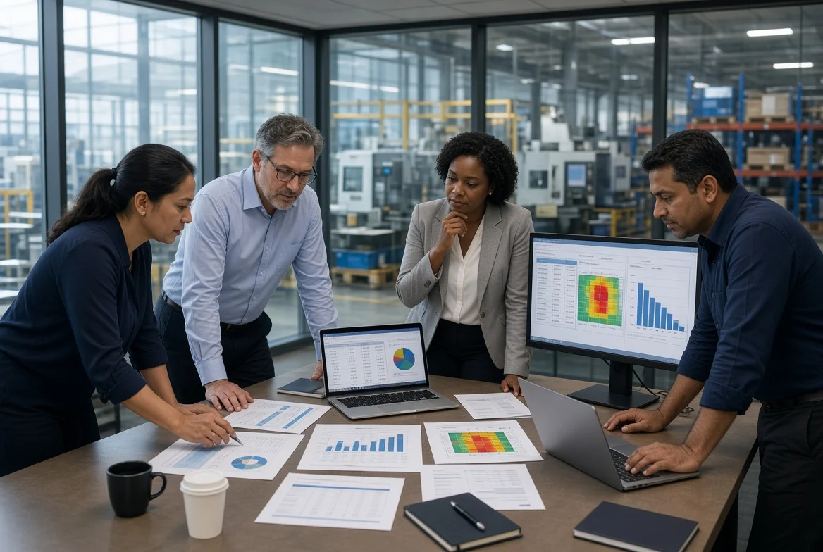 Procurement managers in an industrial meeting room review category plans, supplier performance scorecards, spend analysis, and procurement KPIs as part of a broader procurement strategy.