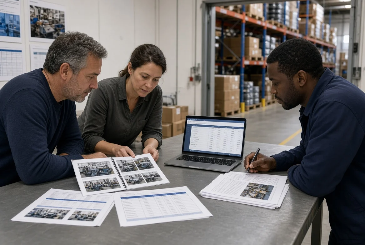 Category managers and a quality engineer compare RFQ responses, factory capability notes, and a supplier evaluation matrix during a strategic sourcing process.