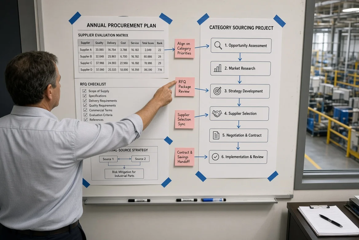 A procurement roadmap on a whiteboard connected to a category-level supplier evaluation, showing the difference between procurement strategy and strategic sourcing.