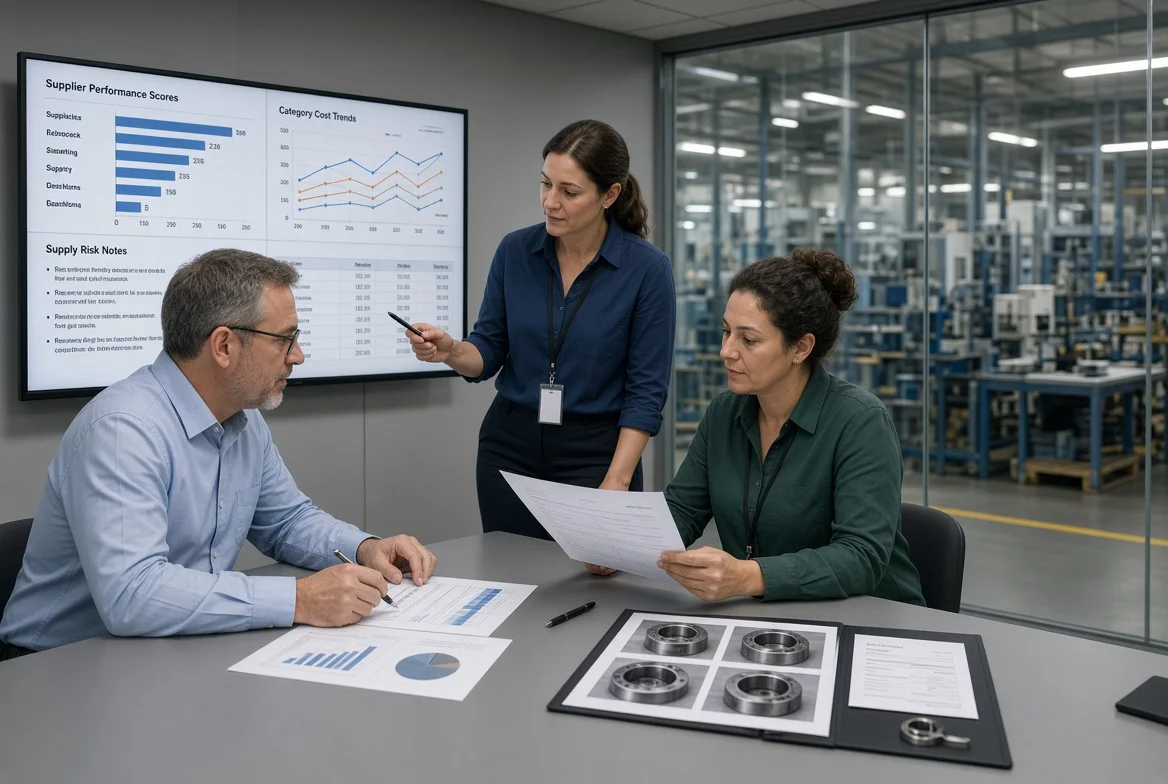 A procurement review meeting uses supplier performance, category cost, and supply-risk data to refine the broader procurement strategy after a sourcing project.