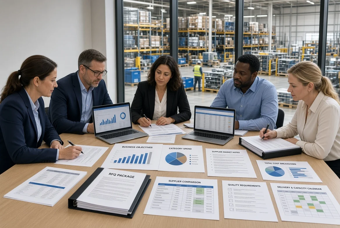 A B2B procurement team reviews business objectives, category spend, RFQs, supplier comparisons, total-cost data, and quality requirements, showing procurement strategy as the broader plan and strategic sourcing as category-level execution.
