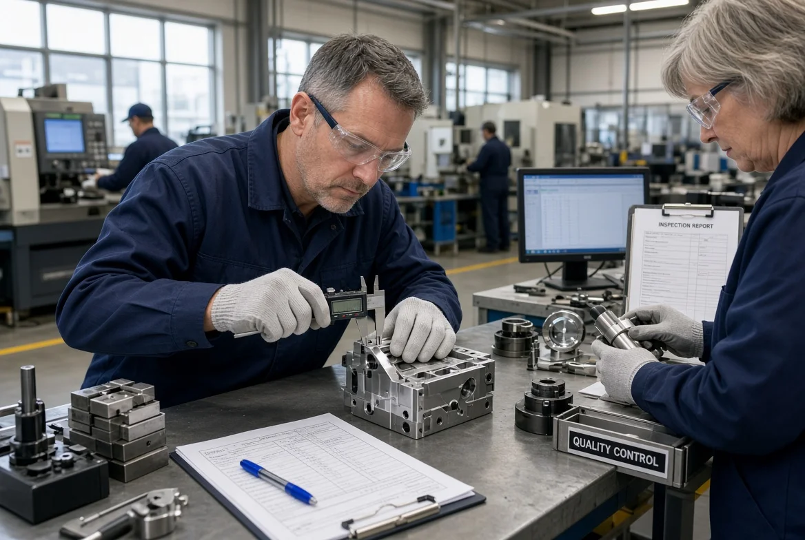 Quality control inspectors measuring precision metal parts with digital calipers and gauges at an industrial inspection station to verify specification compliance during supplier evaluation