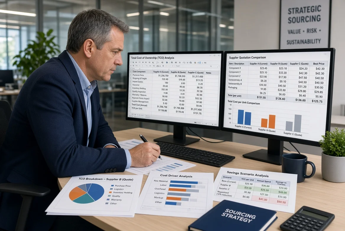 Procurement professional reviewing total cost of ownership spreadsheets and cost comparisons on dual monitors for supplier evaluation factors beyond unit price