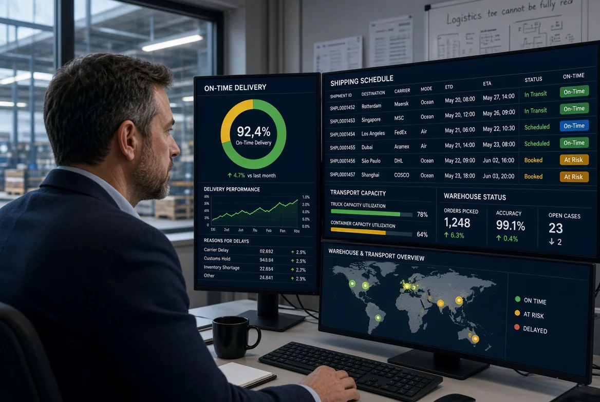 Logistics specialist reviewing delivery schedules and on-time performance metrics on monitors to assess supplier delivery reliability as a key evaluation factor