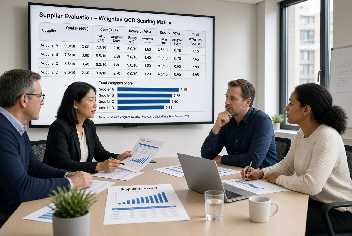 Procurement team discussing weighted quality cost delivery scoring results and supplier trade-offs during structured sourcing decision meeting