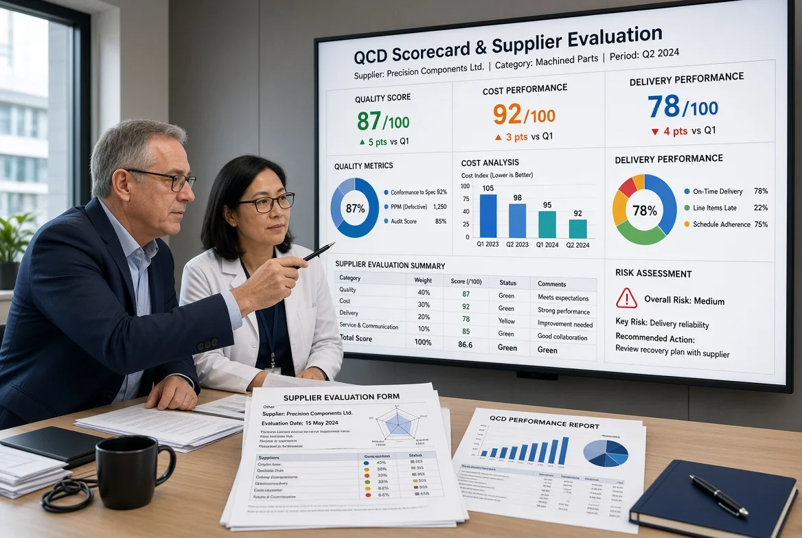 Senior procurement and quality professionals analyzing quality cost delivery scorecards and dashboards during supplier evaluation to balance the most important evaluation factors