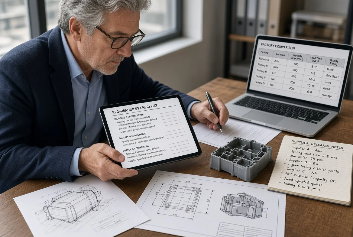 Procurement manager comparing a product sketch, technical drawing, industrial sample, and supplier research notes to judge whether a project is ready for an RFQ.
