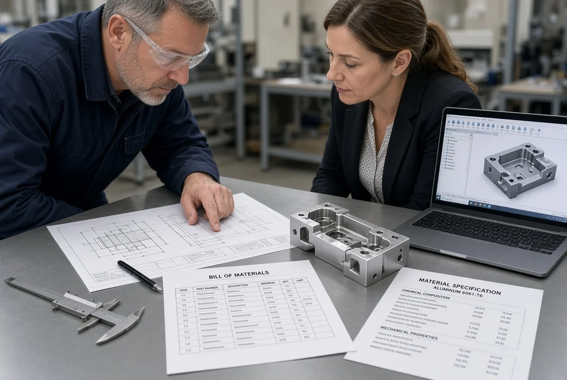 Manufacturing engineer and buyer reviewing a 2D drawing, CAD model, bill of materials, material specification, and machined part sample before sending a manufacturing RFQ.