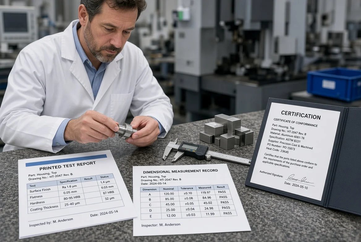 Quality inspector reviewing a product sample, test report, dimensional record, and certification file as part of RFQ quality and testing preparation.