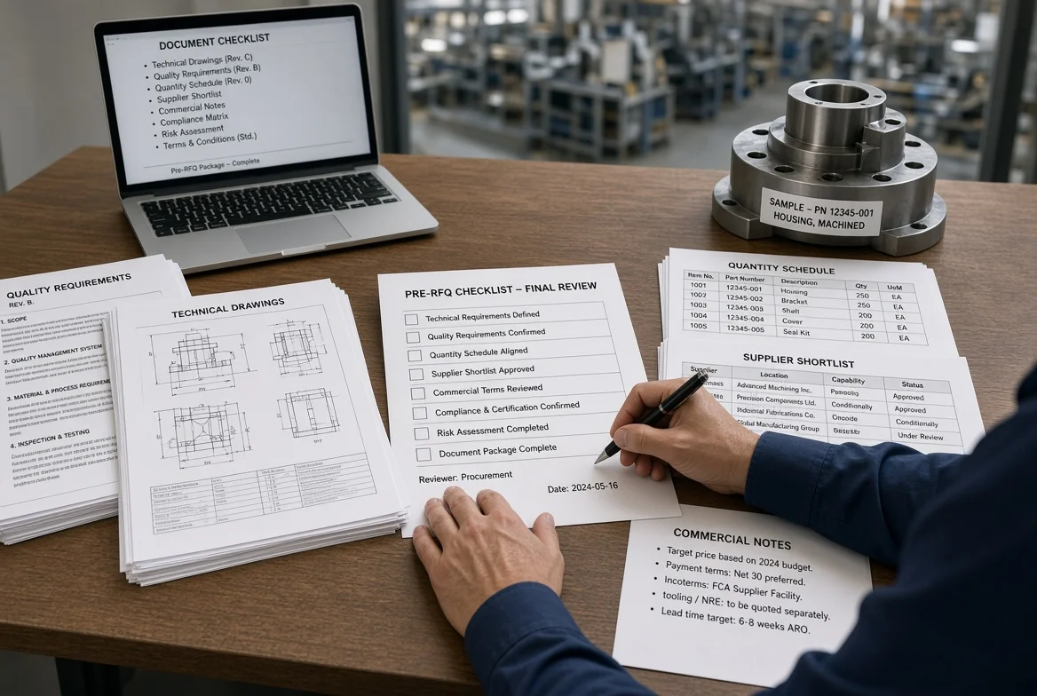 Sourcing professional completing a final RFQ checklist with technical files, quality requirements, quantity schedule, supplier shortlist, and commercial notes ready for release.