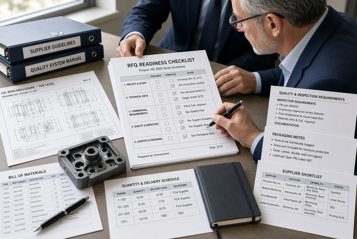 Procurement professional reviewing a pre-RFQ checklist with technical drawings, product sample, quantity schedule, quality documents, delivery notes, and a supplier shortlist before requesting manufacturing quotations.