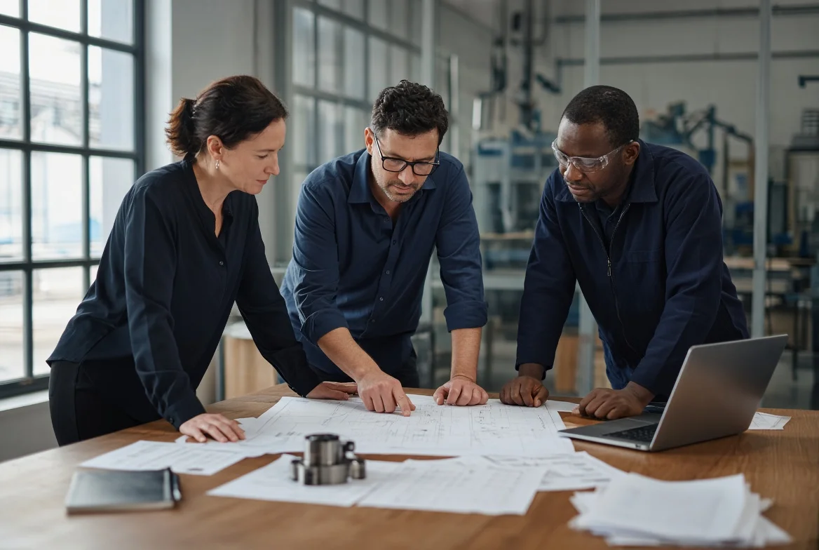 Procurement manager, engineer, and quality representative reviewing technical drawings, a sample part, and sourcing specifications during internal RFQ process preparation