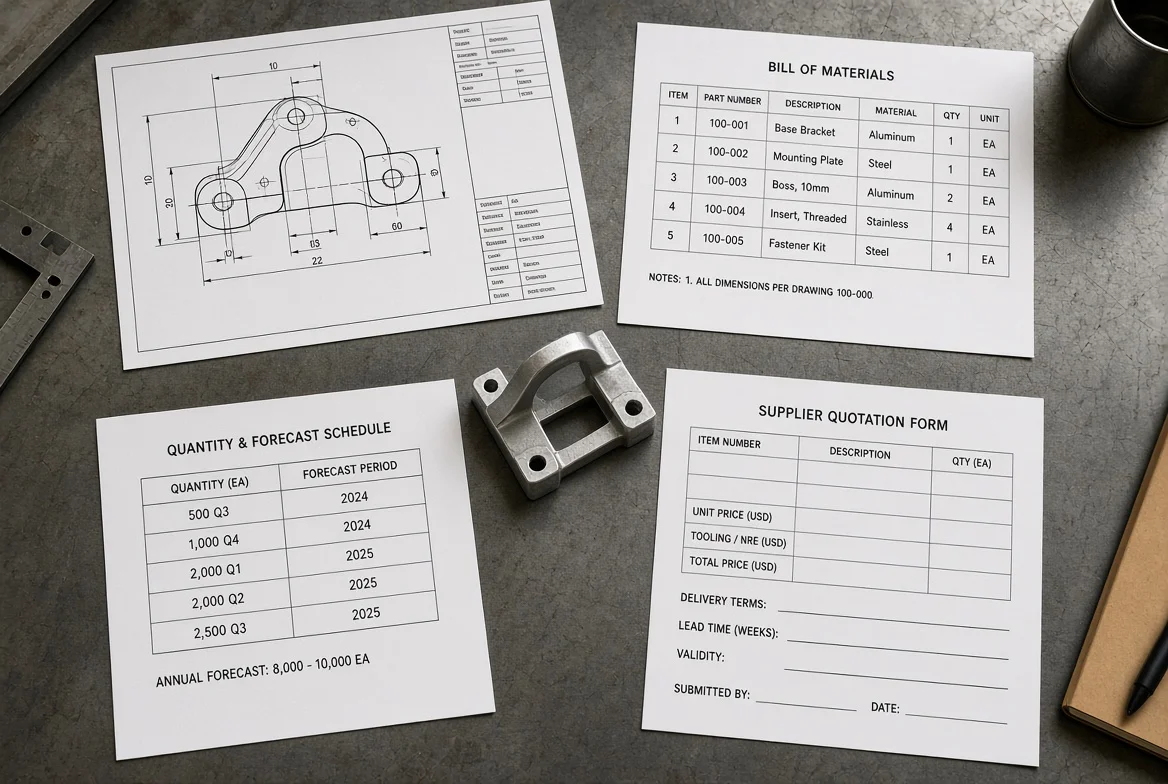 Engineering drawing, bill of materials, sample component, quantity schedule, and supplier quotation form arranged as a complete manufacturing RFQ package