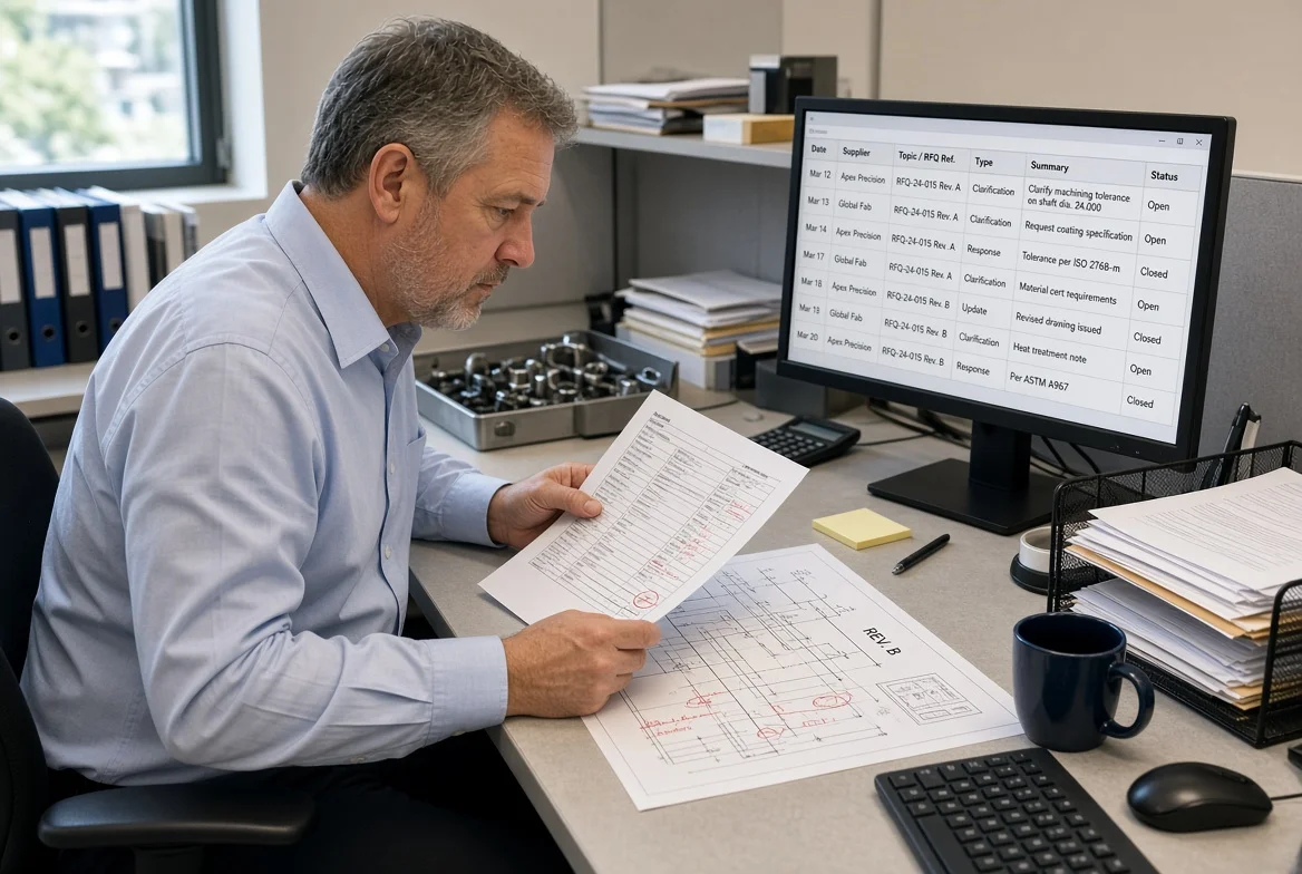 Procurement professional reviewing a supplier clarification log and a revised technical drawing during RFQ process communication control