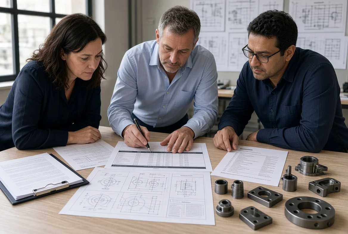 Sourcing team at a meeting table with supplier shortlist materials, technical drawings, a structured RFQ document, and quotation comparison sheets illustrating the RFQ process from supplier selection to final quotation