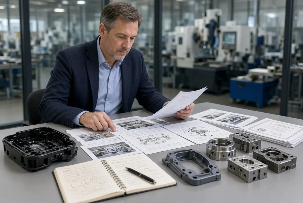 Procurement manager comparing factory capability profiles, process diagrams, and product samples during an RFI research stage
