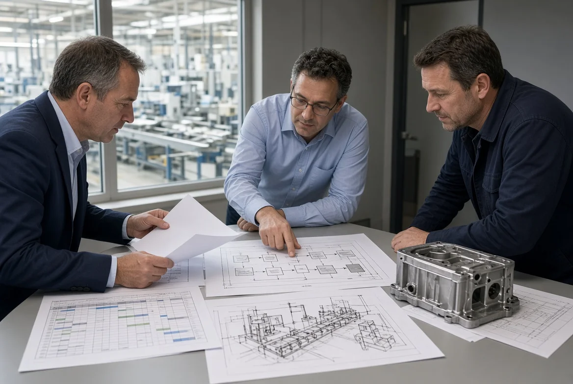 Buyer and supplier engineers reviewing engineering drawings, project plans, and prototype parts for competing production solutions