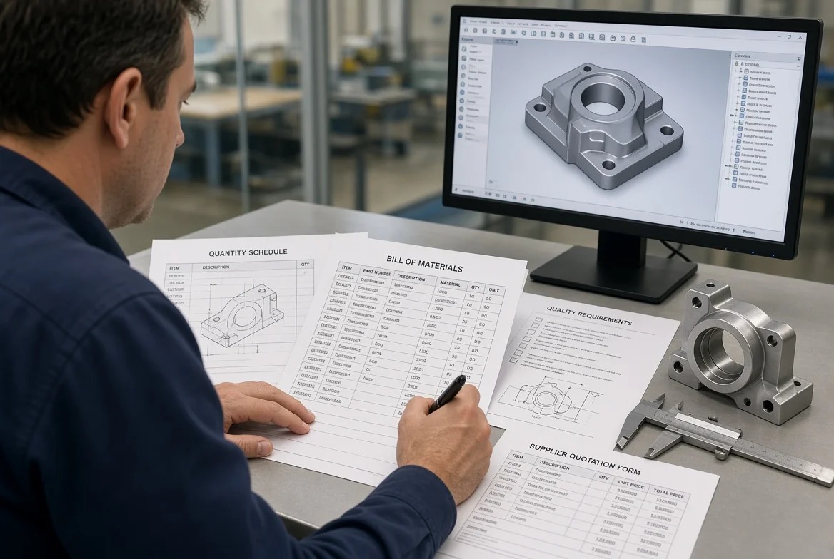 Procurement professional reviewing technical drawings, BOM, quantity schedule, and supplier quotation fields for a custom component RFQ