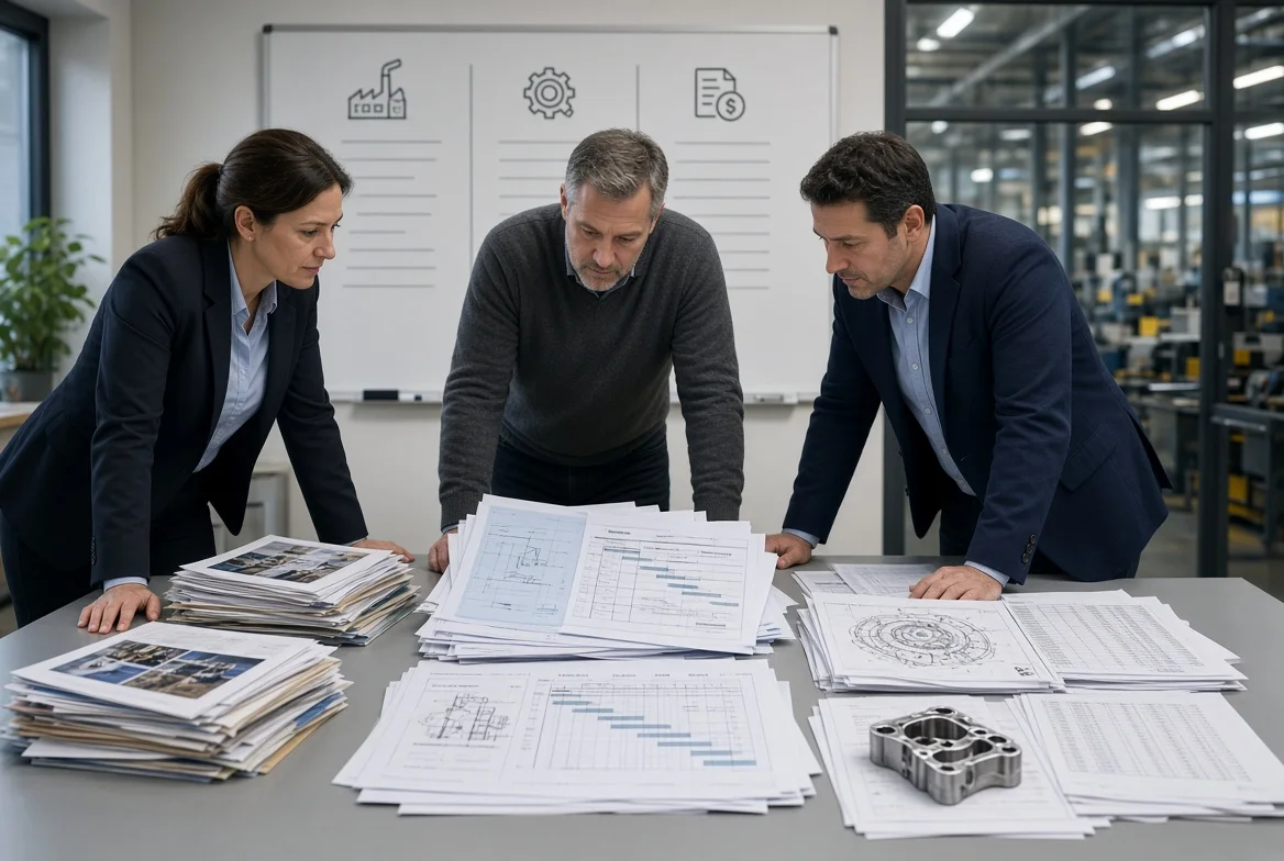 Buyers reviewing three distinct procurement document paths for supplier information, technical proposals, and manufacturing price quotations