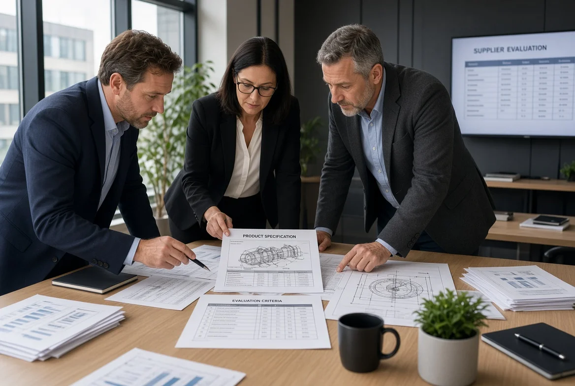 Procurement team defining product requirements and evaluation criteria Cross-functional procurement team reviewing technical specifications, drawings and evaluation criteria documents in a conference room during the first step of a supplier evaluation procedure