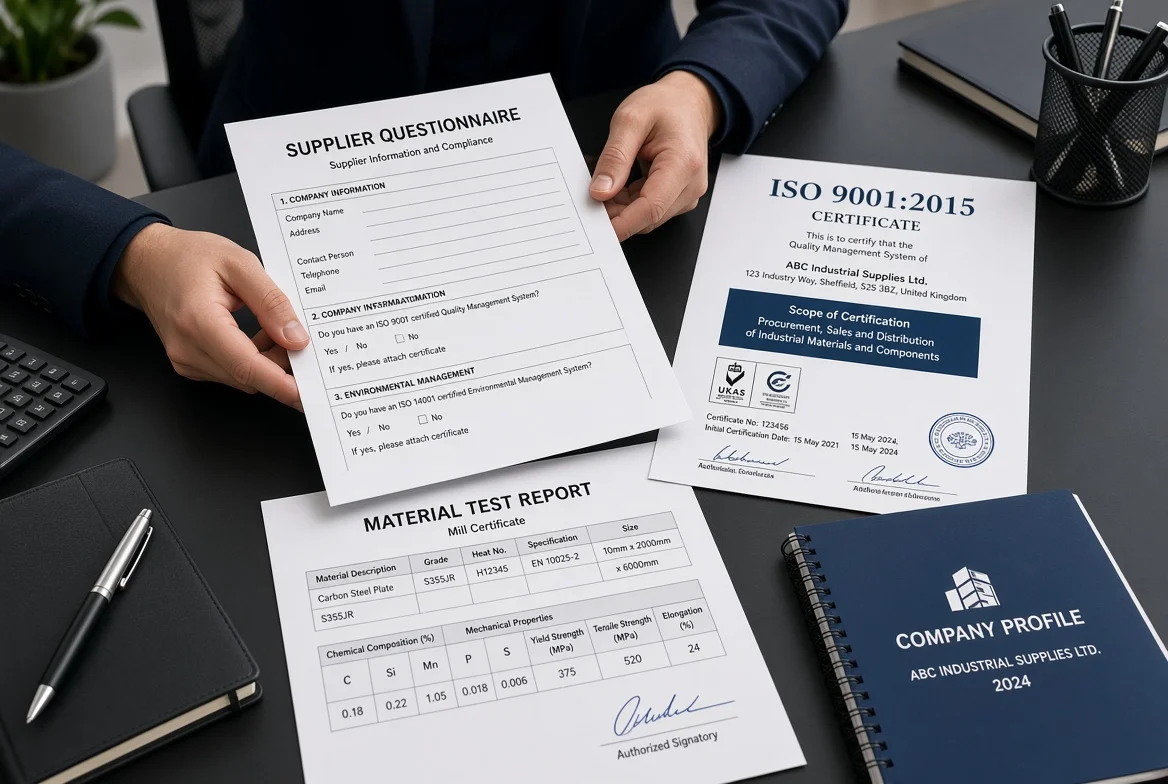 Procurement professional reviewing supplier questionnaires and certifications Close-up of a procurement specialist examining supplier questionnaires, ISO certificates and test reports as part of documented evidence collection in supplier evaluation