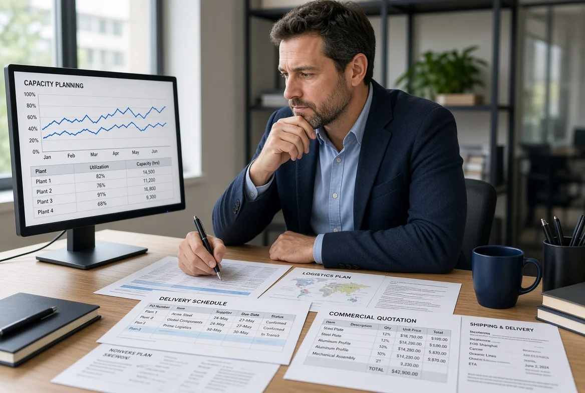 Supply chain review of capacity plans delivery schedules and quotations Procurement professional analyzing capacity charts, logistics documents and commercial quotations while assessing supplier delivery and commercial terms