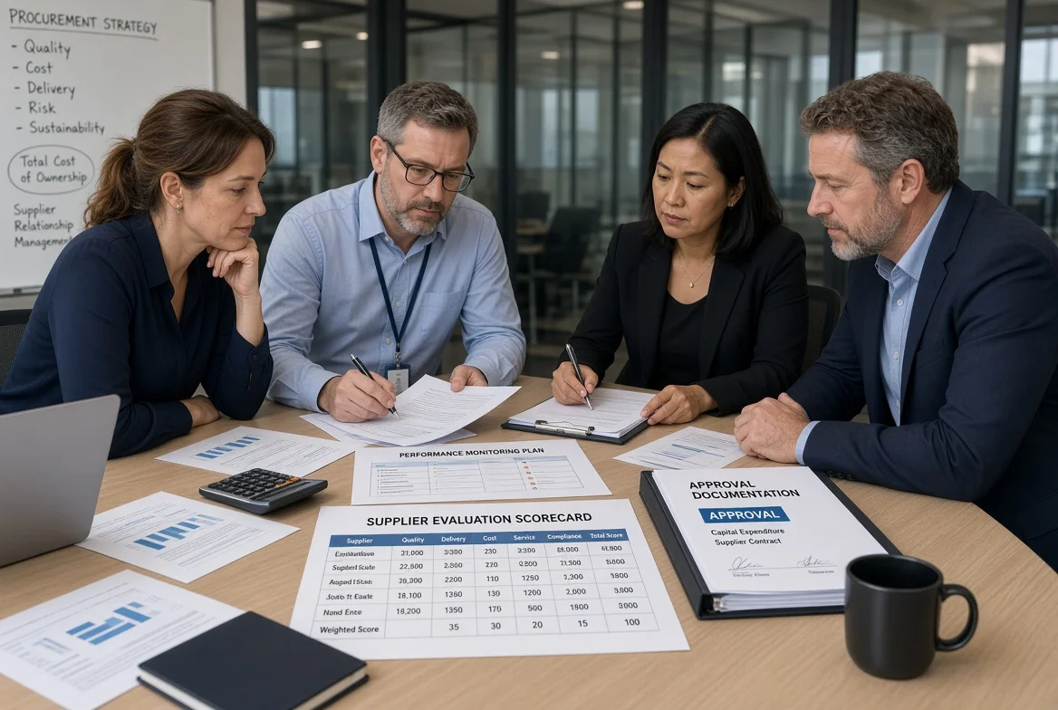 Procurement team finalizing supplier approval decisions and monitoring plans Cross-functional team reviewing evaluation scorecards and performance plans to reach supplier approval decisions and define ongoing monitoring