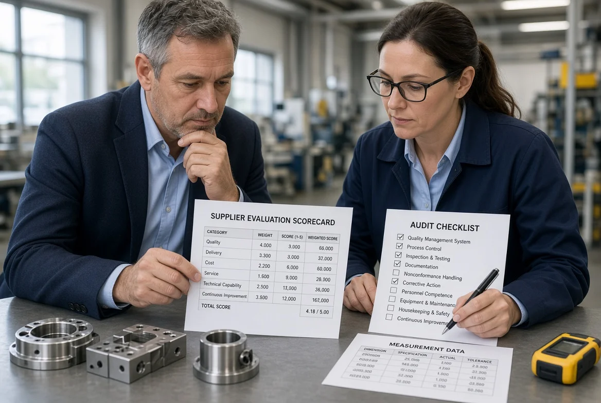 Senior procurement professional and quality engineer assessing a supplier evaluation scorecard, physical product samples and audit checklist in a realistic factory setting – illustrating a structured step-by-step supplier evaluation procedure for professional buyers