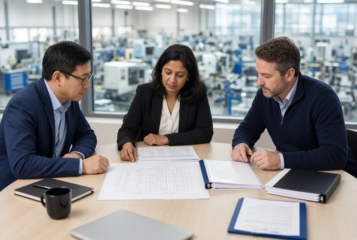 Professional procurement meeting around conference table with OEM product drawings, bill of materials and supplier quotes, factory floor visible through large windows