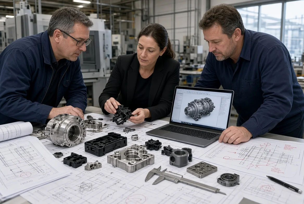 Engineers and buyer examining physical OEM prototypes, tooling drawings and CAD models during collaborative design review on factory conference table