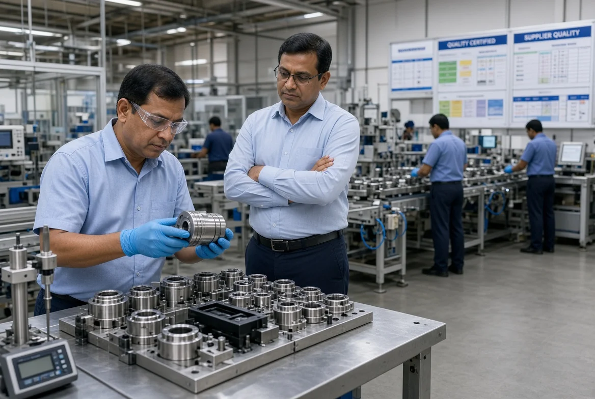 Quality inspector checking metal OEM components during supplier audit while production continues on organized assembly line in background