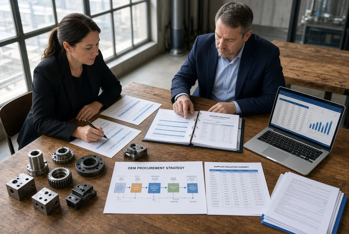 Overhead view of professional meeting table displaying OEM product samples, supplier evaluation binders and cost planning documents during strategic procurement approach discussion in industrial office setting