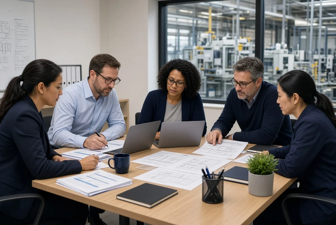 Cross-functional manufacturing procurement team reviewing supplier specifications, cost data, and delivery requirements around a conference table