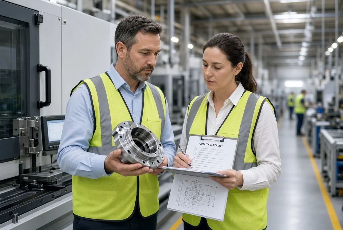 Procurement and quality professionals inspecting a production-critical component during a supplier factory review