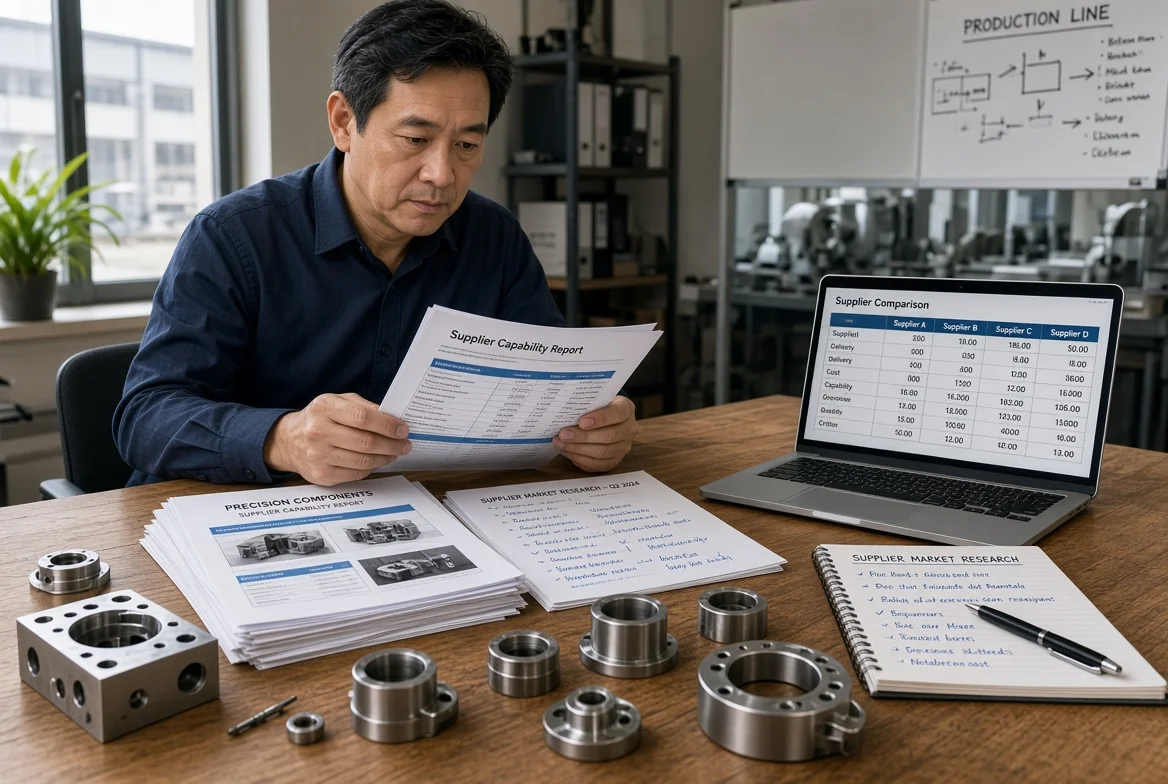 Asian procurement professional examining confidential supplier capability report with precision machined metal parts samples and laptop showing supplier comparison table during strategic supplier market research
