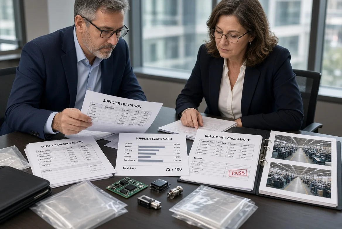 Two procurement professionals reviewing supplier quotations, quality inspection reports, supplier scorecard and factory capability binder while examining electronic and mechanical product samples on conference table