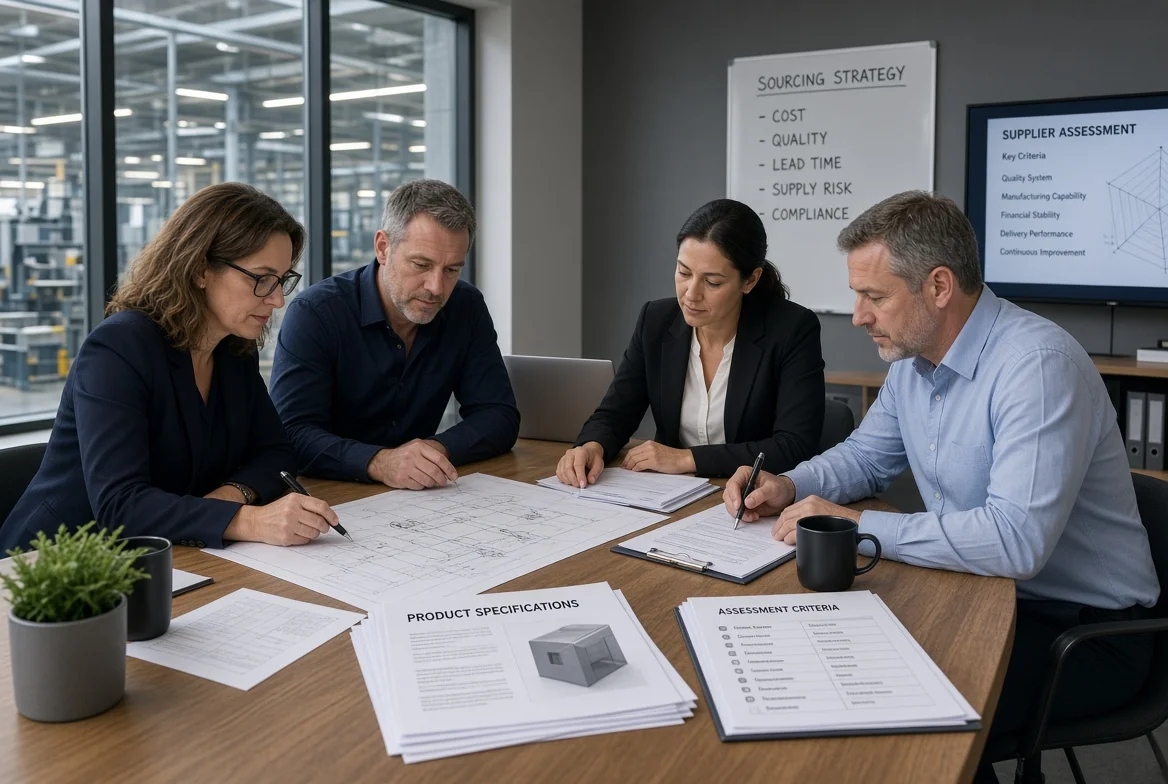 Cross-functional procurement team reviewing technical drawings and assessment criteria documents in a professional office to establish the foundation of a structured supplier assessment process