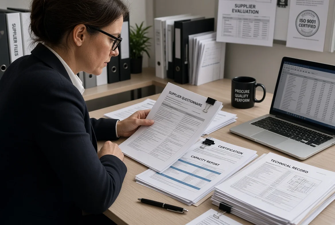 Procurement specialist examining supplier questionnaires, quality certificates and capacity reports at a desk as part of evidence-based supplier information collection