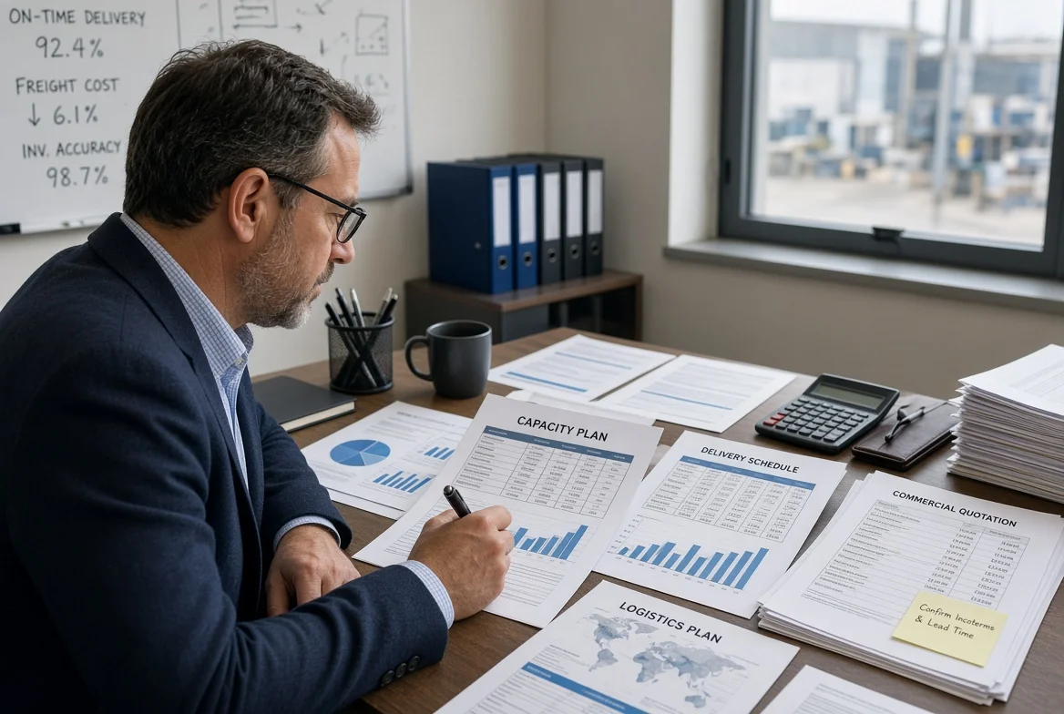 Procurement professional analyzing capacity schedules, delivery logistics and commercial quotations to assess supplier volume, delivery and cost terms