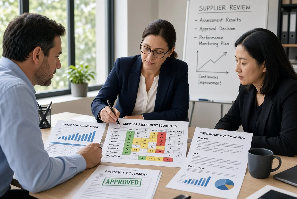Procurement team reviewing assessment results, approval documentation and ongoing performance monitoring plans after completing the supplier assessment process