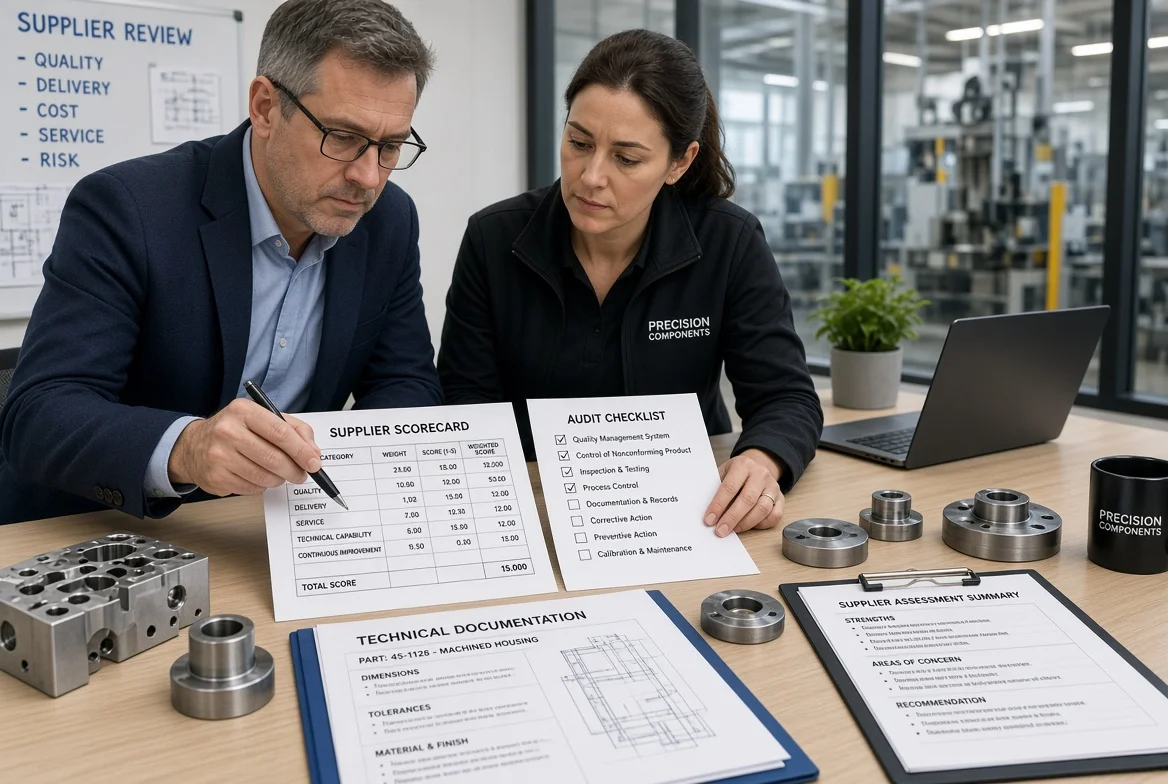 Professional procurement manager and supplier quality engineer examining a supplier scorecard, technical records and product samples during a structured supplier assessment process in a B2B manufacturing environment